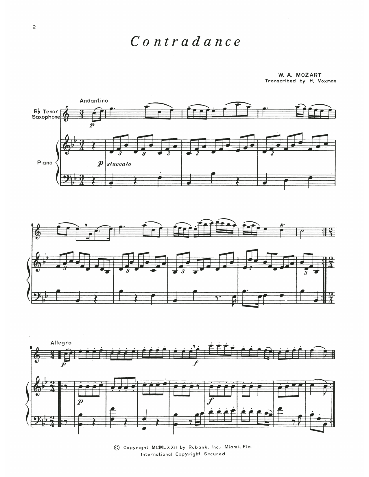 Wolfgang Amadeus Mozart Contradance sheet music notes and chords. Download Printable PDF.