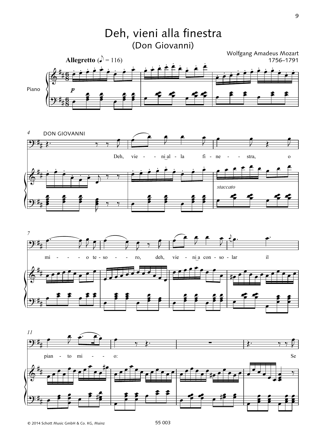 Wolfgang Amadeus Mozart Deh, Vieni Alla Finestra sheet music notes and chords. Download Printable PDF.