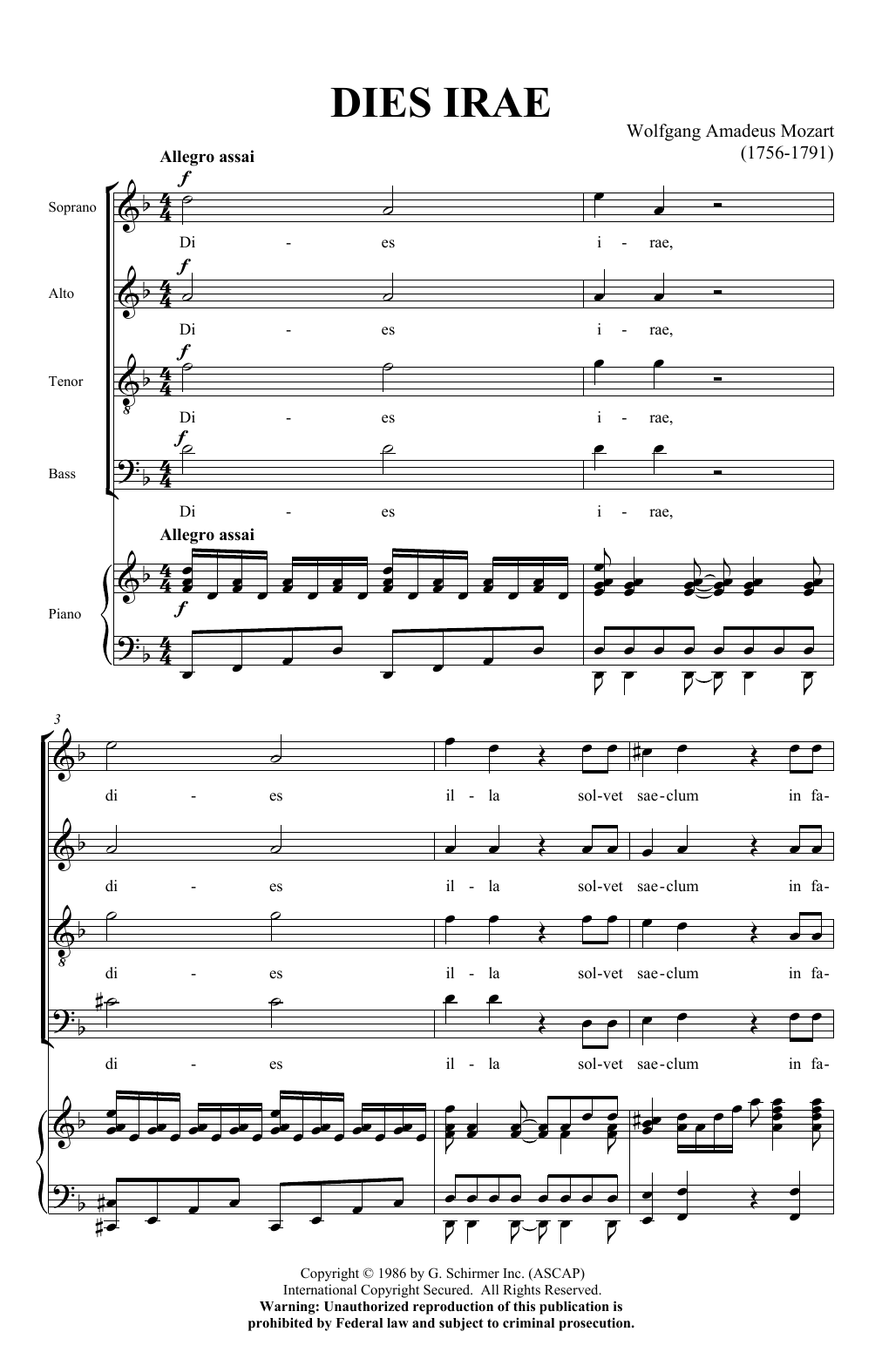 Learn to play Wolfgang Amadeus Mozart Dies Irae (from Requiem) sheet music for SATB Choir in minutes. Price: 3.9900$ Wolfgang Amadeus Mozart Dies Irae (from Requiem) sheet music notes and chords arranged for SATB Choir