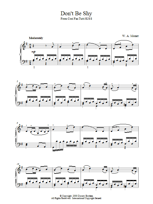 Wolfgang Amadeus Mozart Don't Be Shy (from Cosi Fan Tutti, K588) sheet music notes and chords arranged for Piano Solo