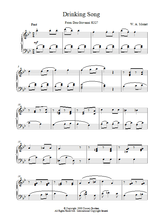 Wolfgang Amadeus Mozart Drinking Song From Don Giovanni K527 sheet music notes and chords arranged for Piano Solo