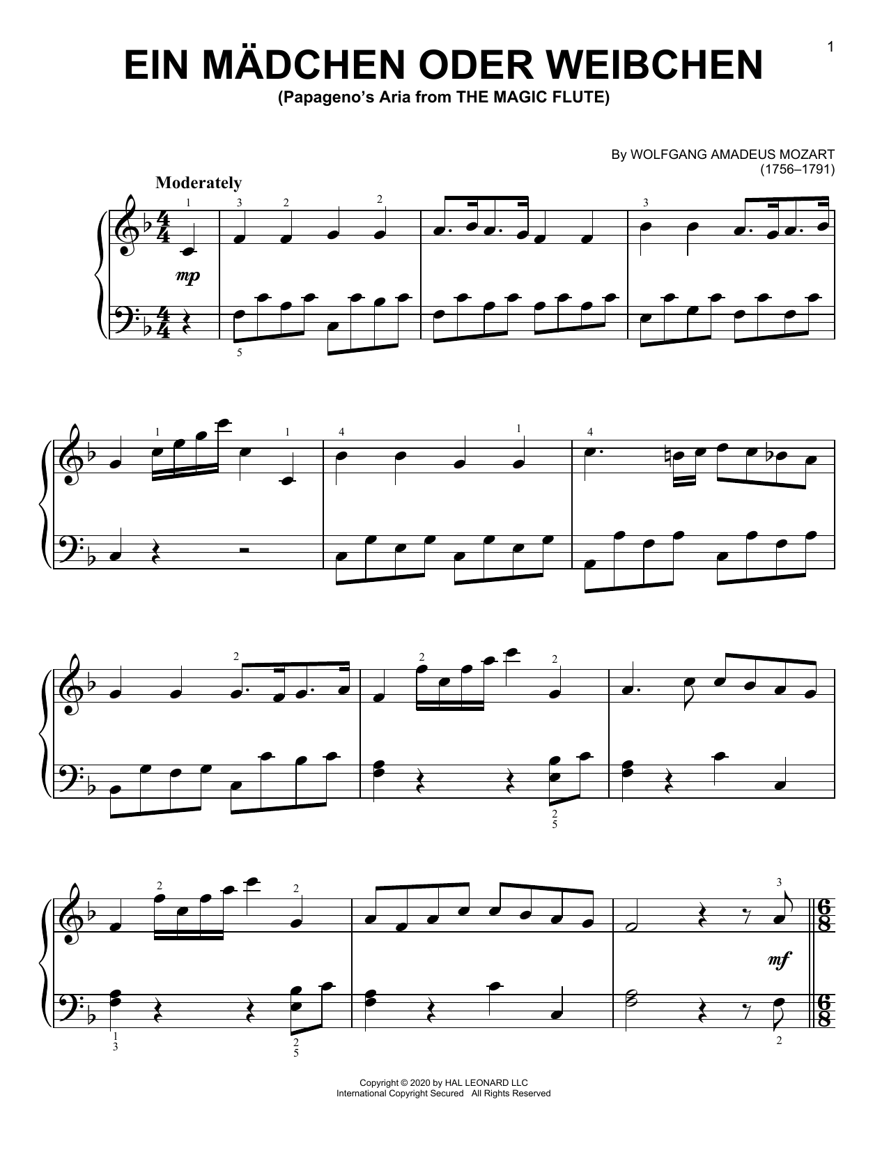 Wolfgang Amadeus Mozart Ein Madchen Oder Weibchen sheet music notes and chords. Download Printable PDF.