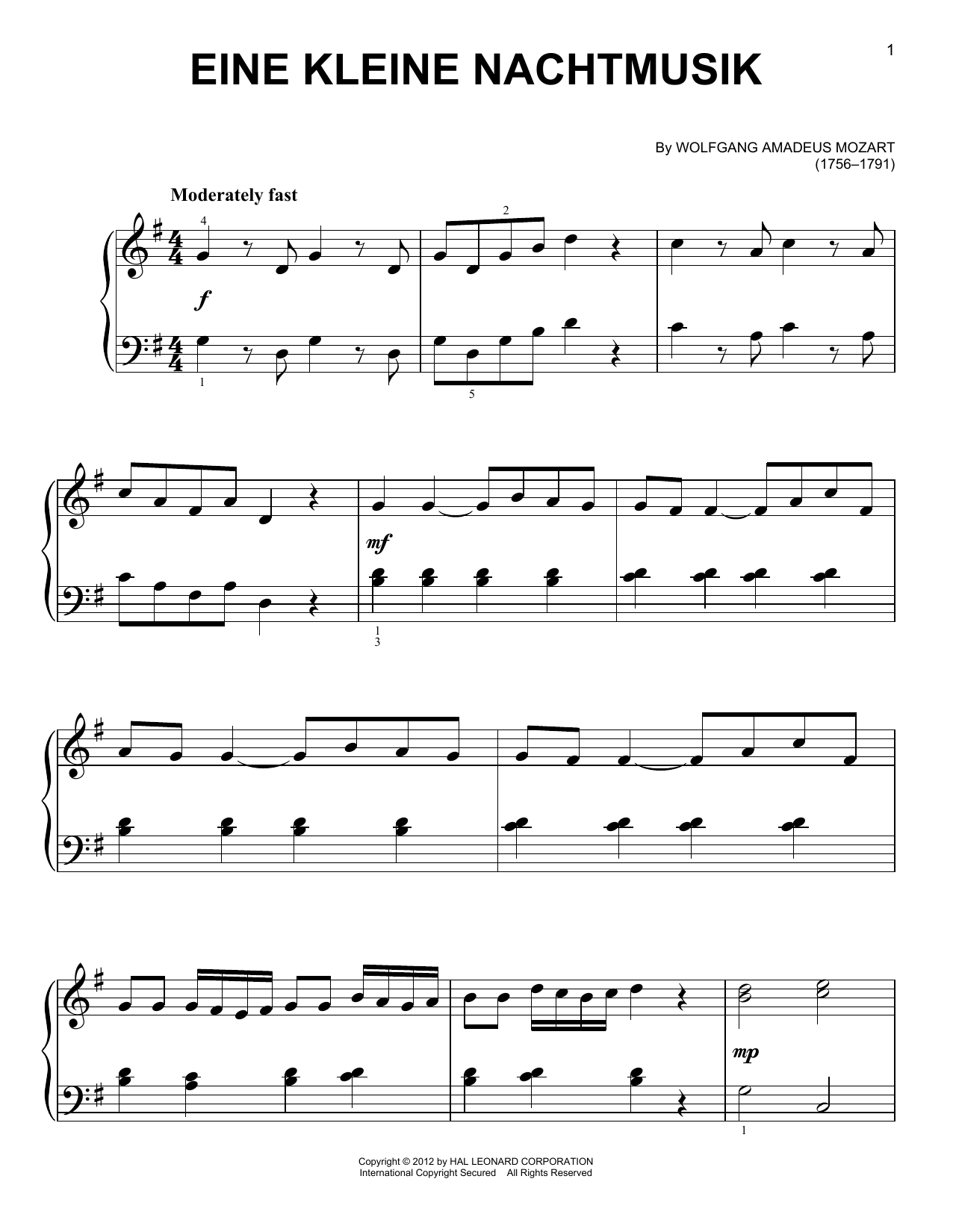 Wolfgang Amadeus Mozart Eine Kleine Nachtmusik sheet music notes and chords. Download Printable PDF.