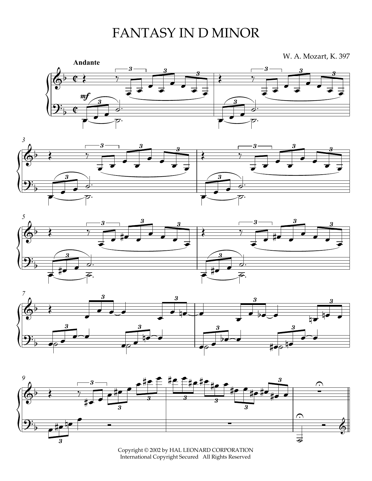 Wolfgang Amadeus Mozart Fantasy in D Minor, K. 397 sheet music notes and chords. Download Printable PDF.