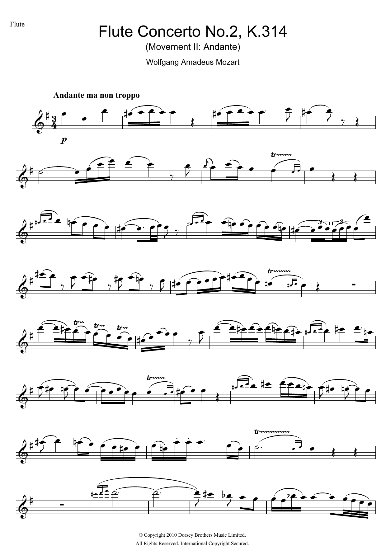 Wolfgang Amadeus Mozart Flute Concerto No. 2, 2nd Movement sheet music notes and chords arranged for Flute Solo