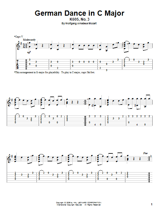 Wolfgang Amadeus Mozart German Dance In C Major, K605, No. 3 sheet music notes and chords. Download Printable PDF.