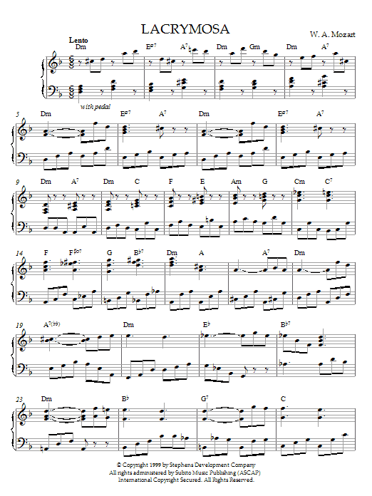 Wolfgang Amadeus Mozart Lacrymosa from Requiem Mass, K626 sheet music notes and chords arranged for Piano Solo