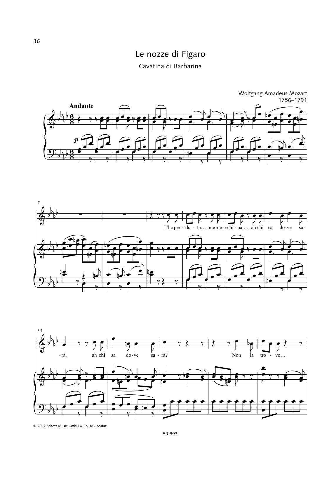 Wolfgang Amadeus Mozart L'ho perduta sheet music notes and chords. Download Printable PDF.