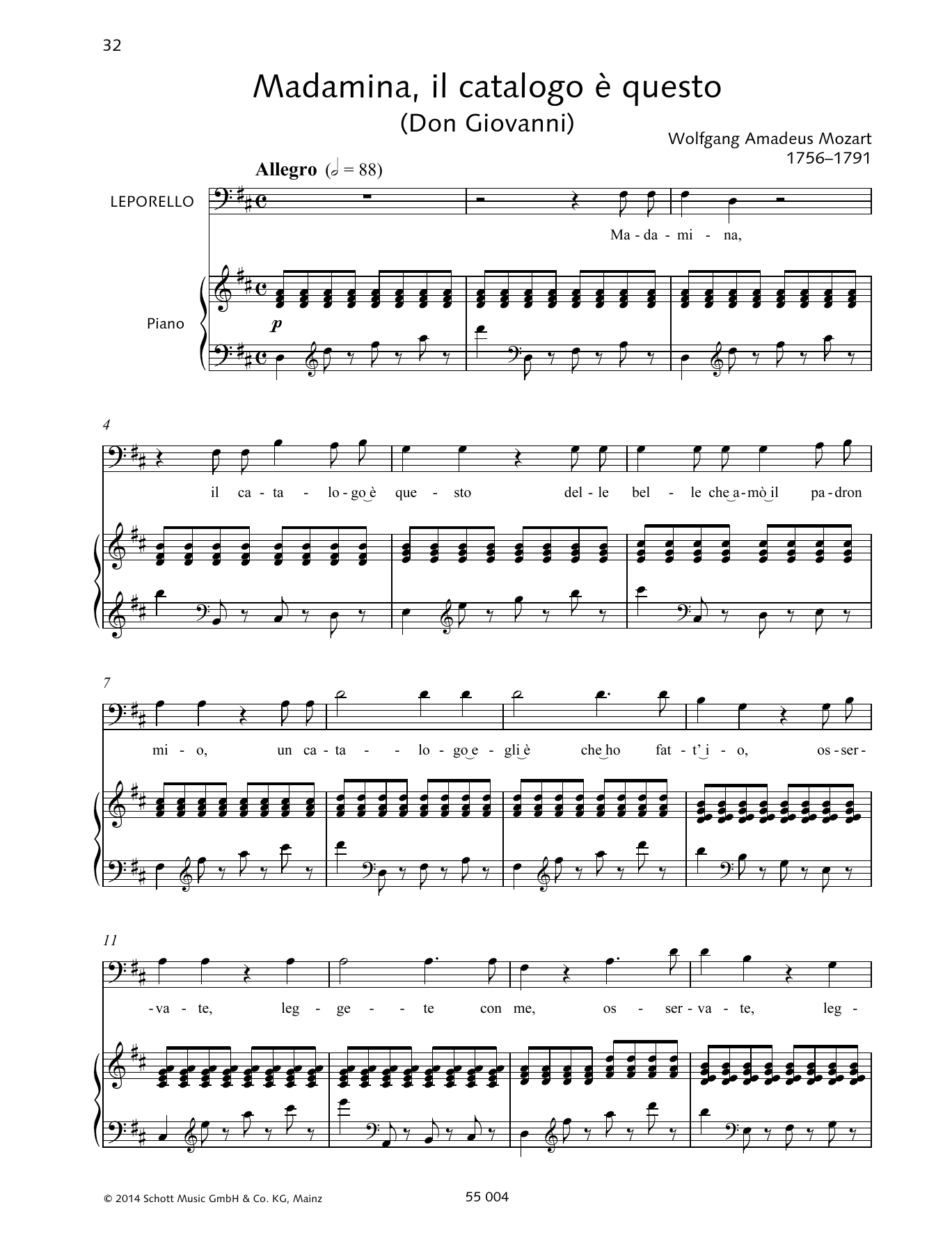 Wolfgang Amadeus Mozart Madamina, il catalogo è questo sheet music notes and chords. Download Printable PDF.