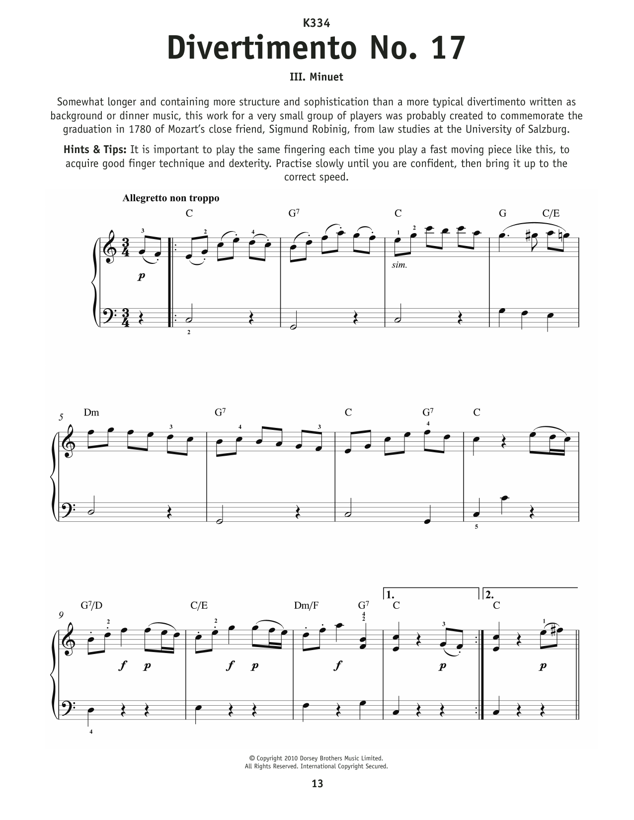 Wolfgang Amadeus Mozart Minuet From Divertimento No. 17 K334 sheet music notes and chords arranged for Really Easy Piano