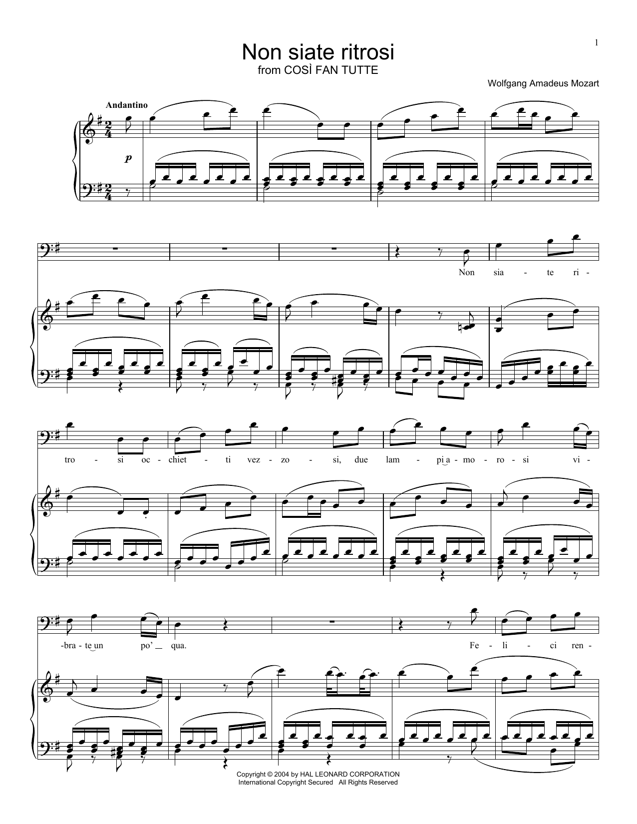 Wolfgang Amadeus Mozart Non Siate Ritrosi sheet music notes and chords arranged for Piano, Vocal & Guitar Chords (Right-Hand Melody)