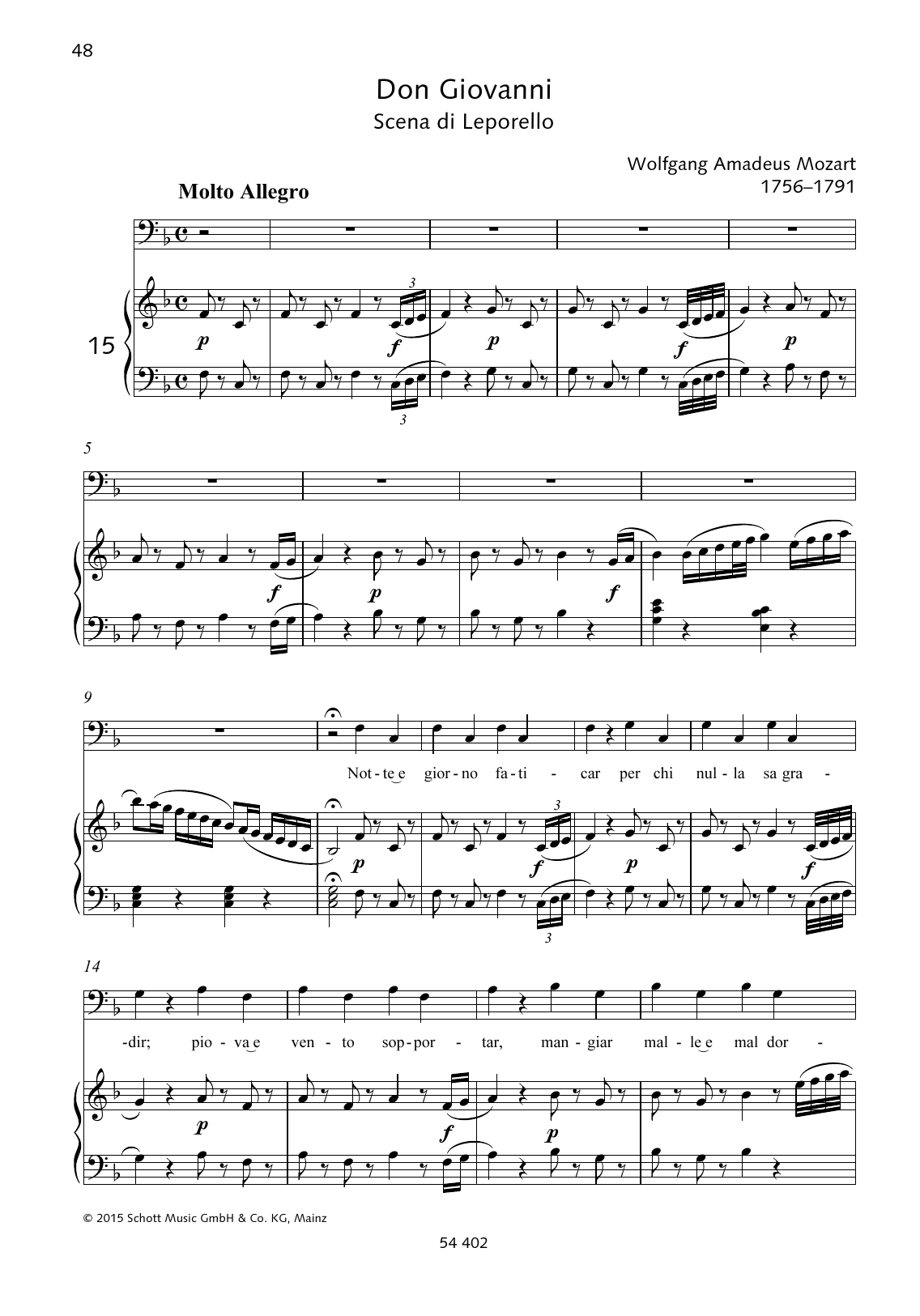 Wolfgang Amadeus Mozart Notte e giorno faticar sheet music notes and chords arranged for Piano & Vocal