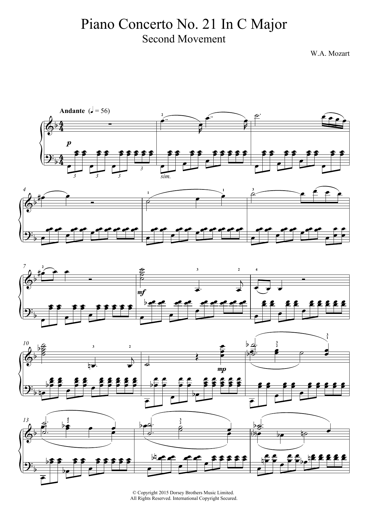 Wolfgang Amadeus Mozart Piano Concerto No. 21 In C Major (Second Movement) sheet music notes and chords. Download Printable PDF.