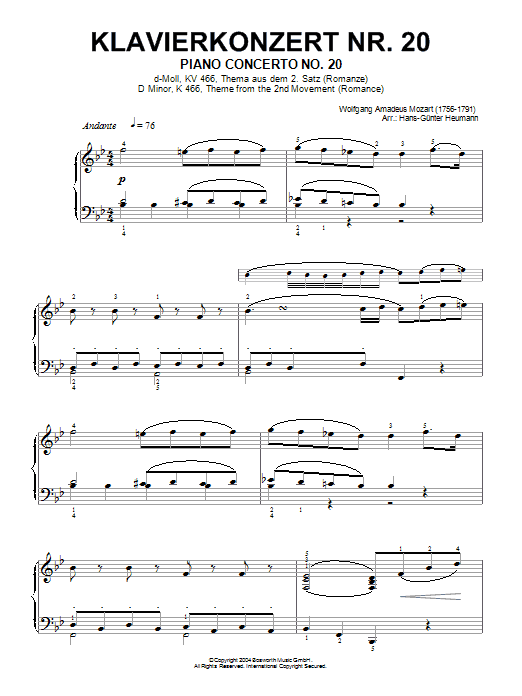 Wolfgang Amadeus Mozart Romance (2nd Movement Theme) from Piano Concerto No.20, K466 sheet music notes and chords. Download Printable PDF.