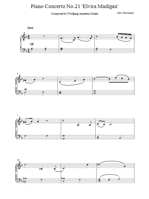 Wolfgang Amadeus Mozart Piano Concerto No.21 in C Major (Elvira Madigan), 2nd Movement Excerpt sheet music notes and chords. Download Printable PDF.