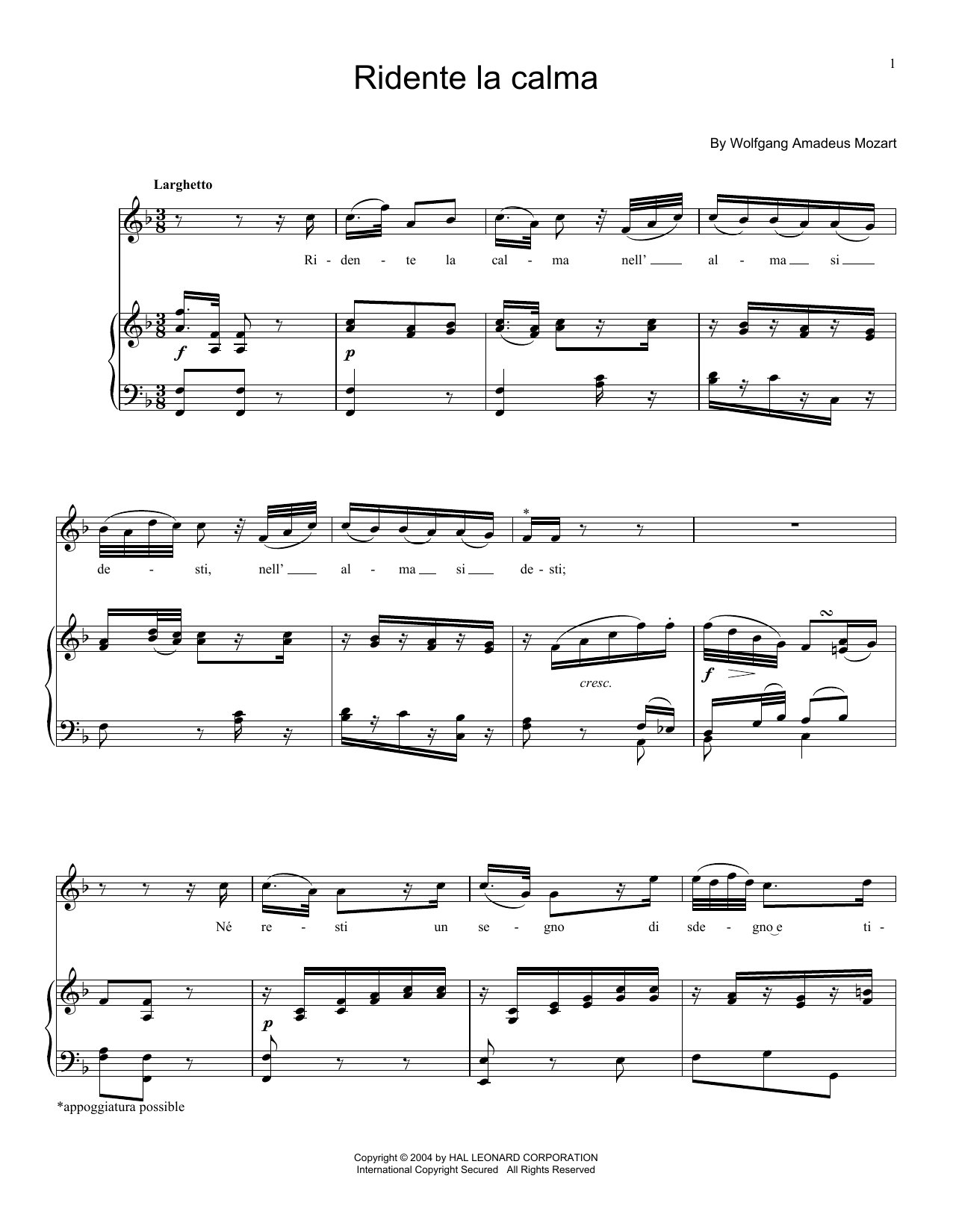 Wolfgang Amadeus Mozart Ridente La Calma, K. 152 sheet music notes and chords. Download Printable PDF.