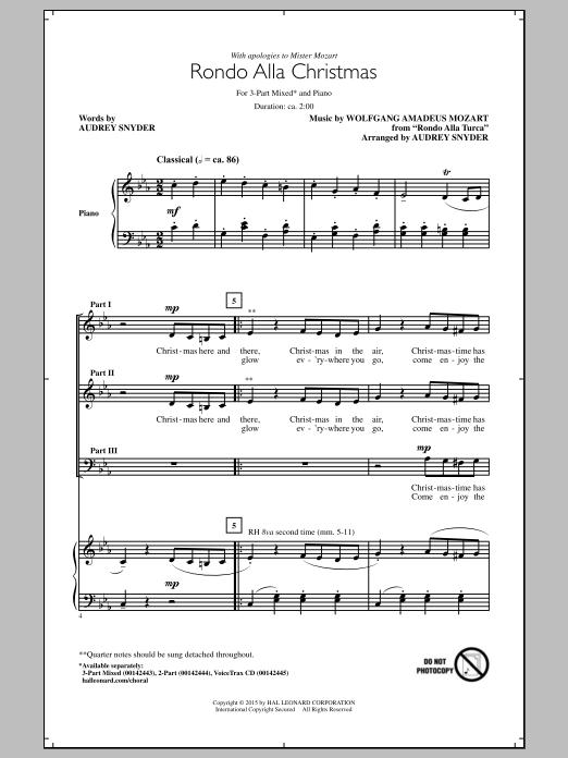 Wolfgang Amadeus Mozart Rondo Alla Christmas (arr. Audrey Snyder) sheet music notes and chords. Download Printable PDF.