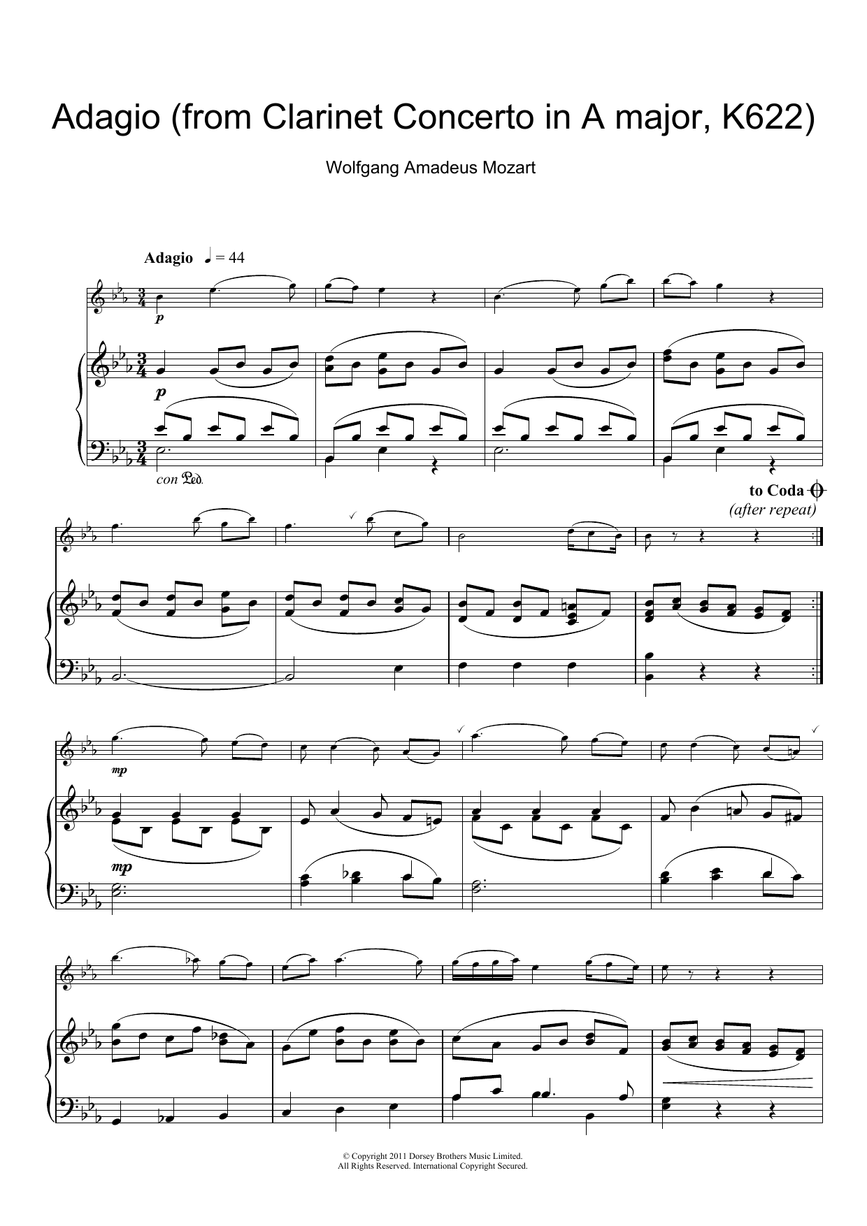 Wolfgang Amadeus Mozart Slow Movement Theme (from Clarinet Concerto K622) sheet music notes and chords. Download Printable PDF.