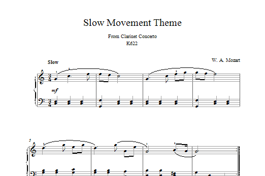 Wolfgang Amadeus Mozart Slow Movement Theme (from Clarinet Concerto K622) sheet music notes and chords arranged for Piano Solo