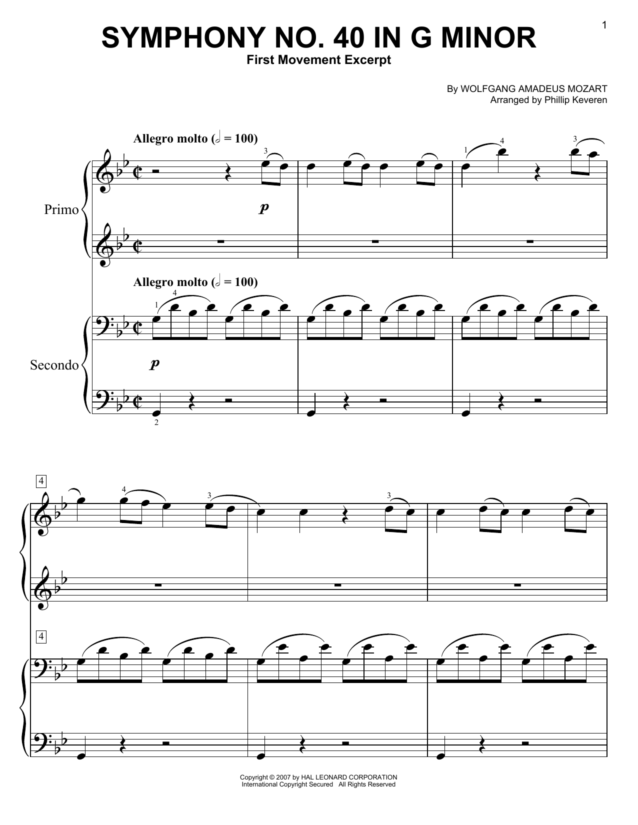 Phillip Keveren Symphony No. 40 In G Minor, First Movement Excerpt sheet music notes and chords. Download Printable PDF.