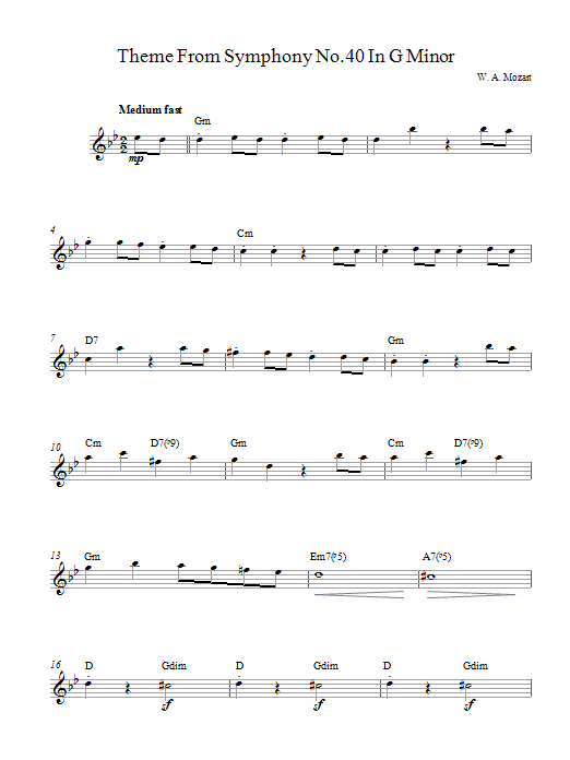 Learn to play Wolfgang Amadeus Mozart Symphony No. 40 (Theme) sheet music for Lead Sheet / Fake Book in minutes. Price: 5.9900$ Wolfgang Amadeus Mozart Symphony No. 40 (Theme) sheet music notes and chords arranged for Lead Sheet / Fake Book