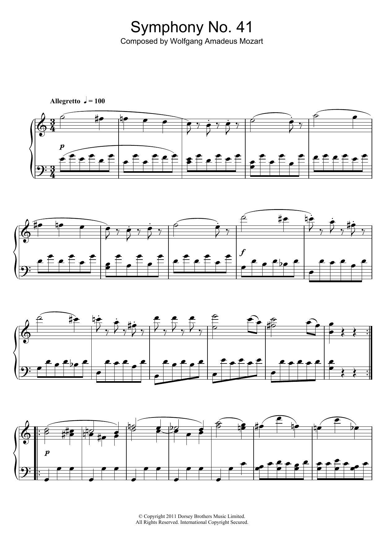 Wolfgang Amadeus Mozart Symphony No.41 ‘Jupiter' (3rd Movement: Minuet) sheet music notes and chords arranged for Piano Solo