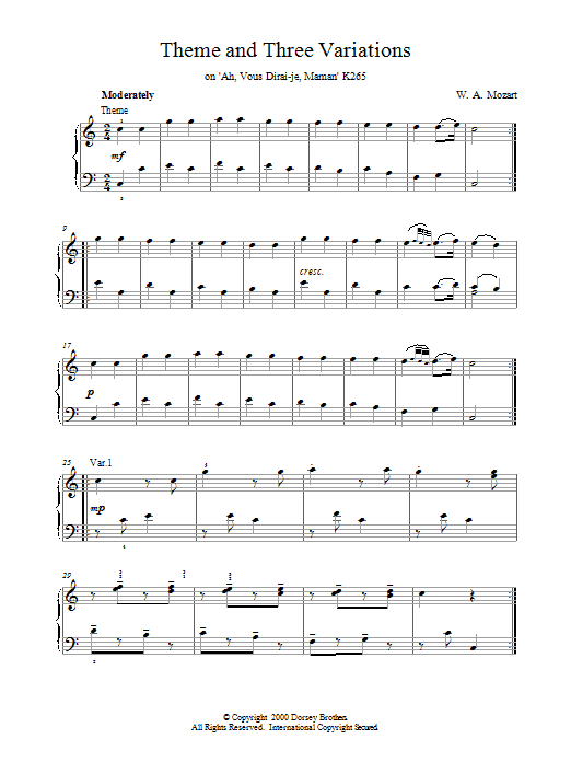 Wolfgang Amadeus Mozart Theme and Three Variations on 'Ah, Vous Dirai-je, Maman' K265 sheet music notes and chords arranged for Piano Solo