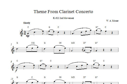 Wolfgang Amadeus Mozart Slow Movement Theme (from Clarinet Concerto K622) sheet music notes and chords. Download Printable PDF.