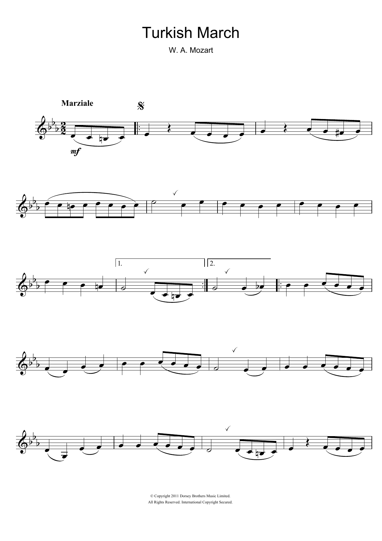 Wolfgang Amadeus Mozart Turkish March sheet music notes and chords. Download Printable PDF.