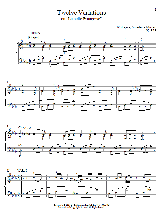 Wolfgang Amadeus Mozart Twelve Variations on La belle Francois, K. 353 sheet music notes and chords arranged for Piano Solo