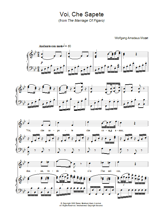 Wolfgang Amadeus Mozart Voi Che Sapete (from The Marriage Of Figaro) sheet music notes and chords. Download Printable PDF.