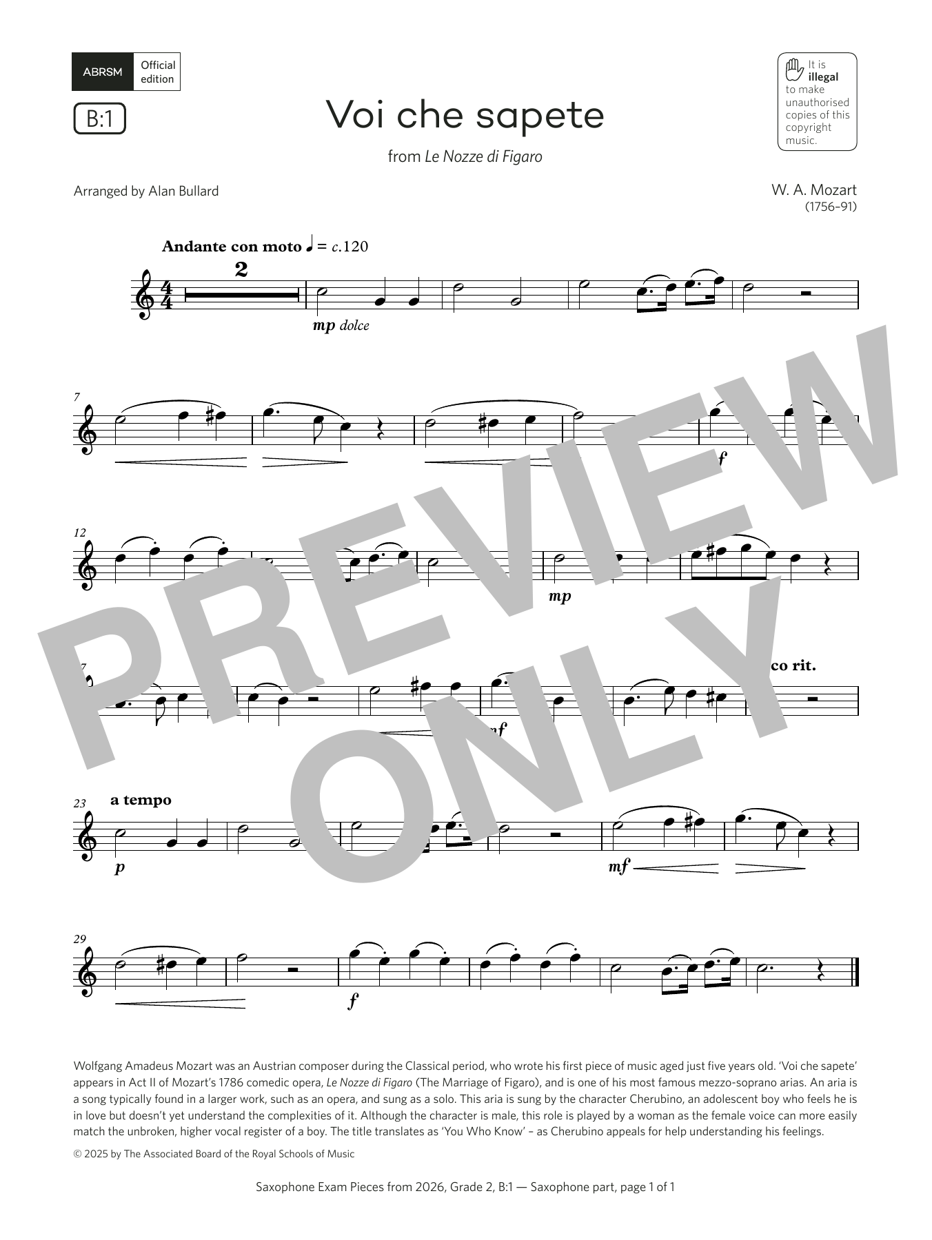Learn to play Wolfgang Amadeus Mozart Voi che sapete (Grade 2, list B1, from the ABRSM Saxophone Syllabus from 2026) sheet music for Alto Sax Solo in minutes. Price: 5.9900$ Wolfgang Amadeus Mozart Voi che sapete (Grade 2, list B1, from the ABRSM Saxophone Syllabus from 2026) sheet music notes and chords arranged for Alto Sax Solo