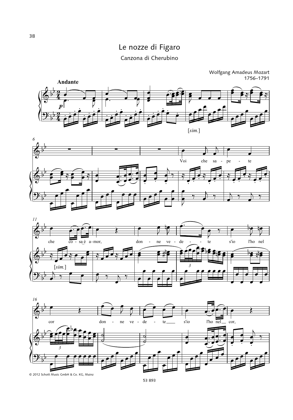 Wolfgang Amadeus Mozart Voi, Che Sapete sheet music notes and chords. Download Printable PDF.