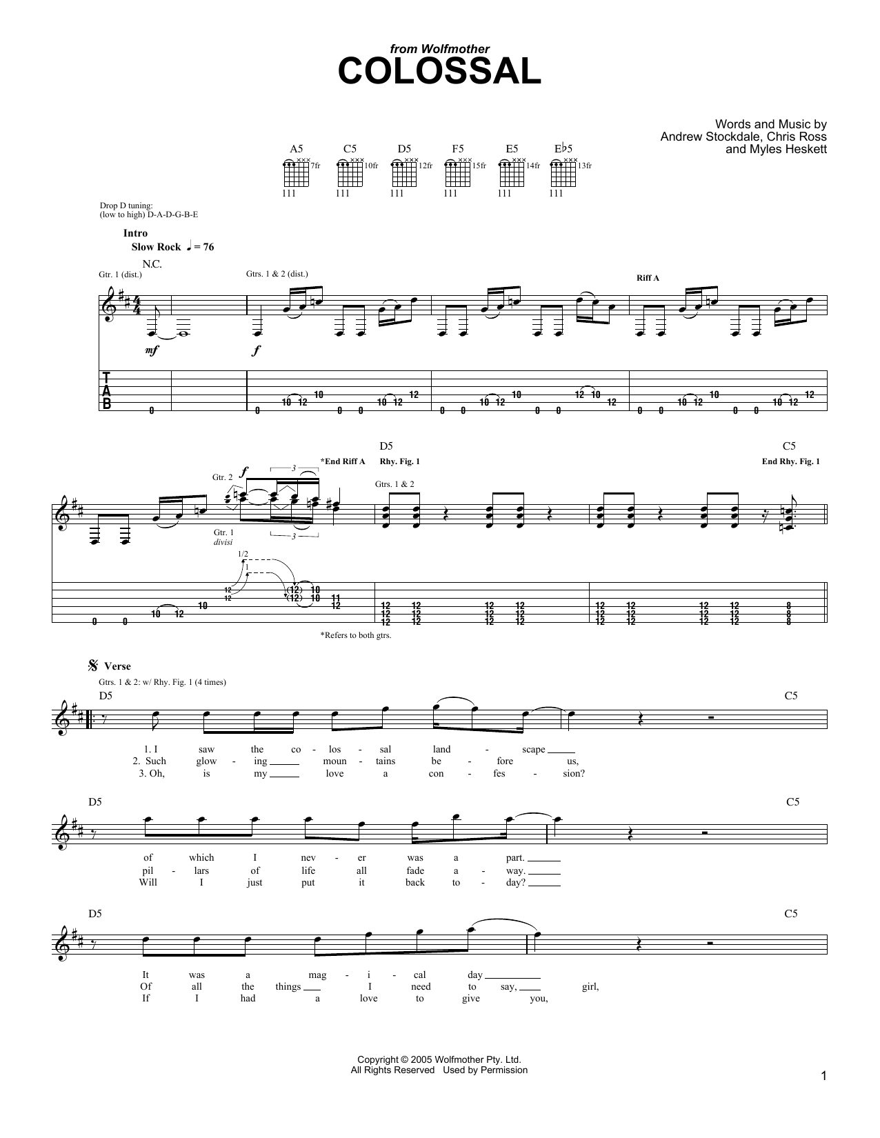 Learn to play Wolfmother Colossal sheet music for Guitar Tab in minutes. Price: 7.8900$ Wolfmother Colossal sheet music notes and chords arranged for Guitar Tab
