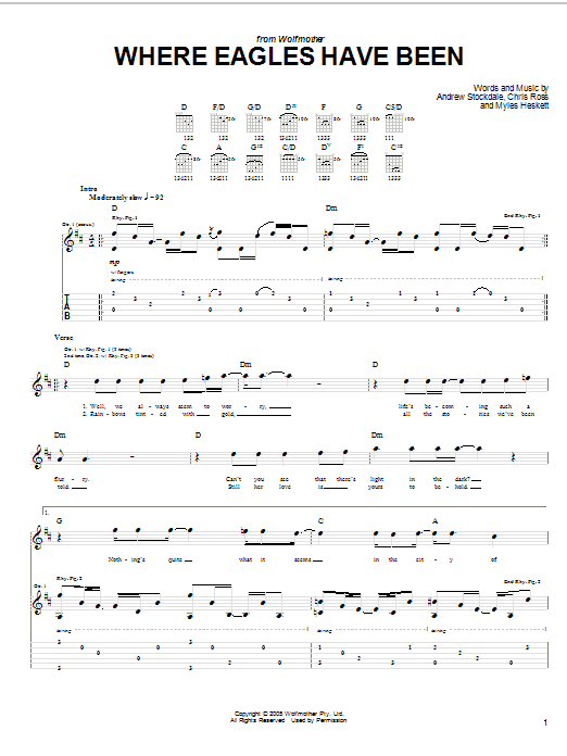 Learn to play Wolfmother Where Eagles Have Been sheet music for Guitar Tab in minutes. Price: 7.8900$ Wolfmother Where Eagles Have Been sheet music notes and chords arranged for Guitar Tab