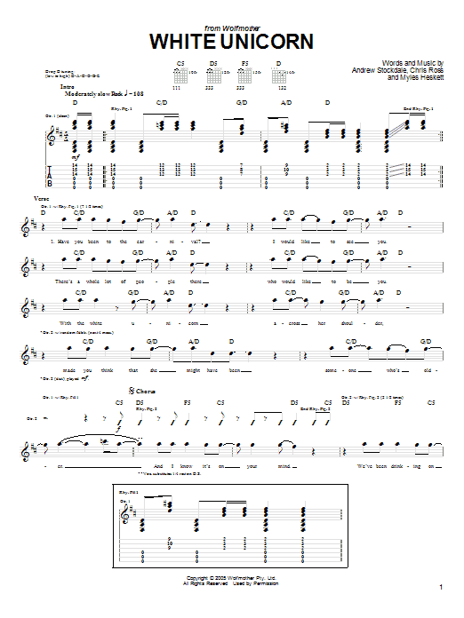 Learn to play Wolfmother White Unicorn sheet music for Guitar Tab in minutes. Price: 7.8900$ Wolfmother White Unicorn sheet music notes and chords arranged for Guitar Tab
