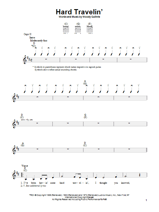 Woody Guthrie Hard Travelin' sheet music notes and chords. Download Printable PDF.