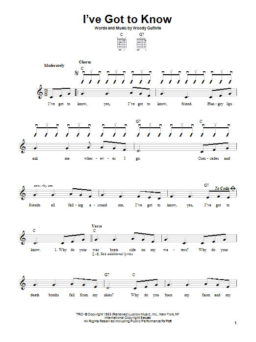 Woody Guthrie I've Got To Know sheet music notes and chords. Download Printable PDF.