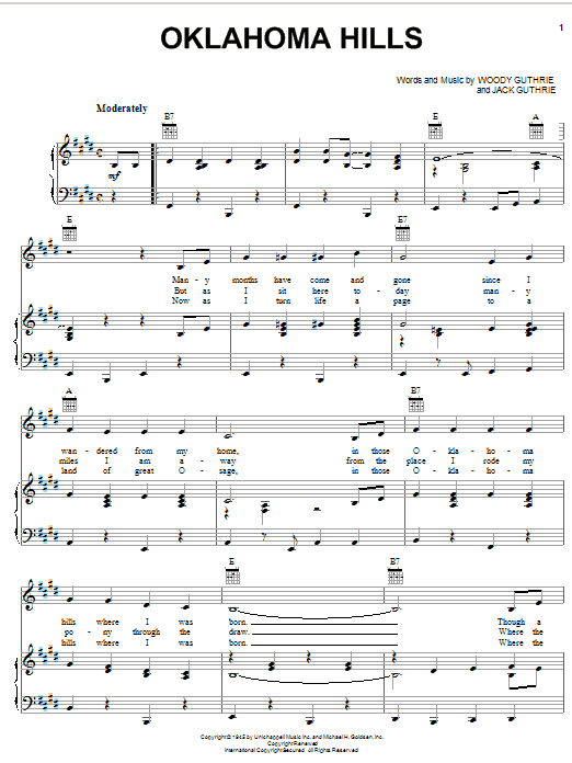 Learn to play Woody Guthrie Oklahoma Hills sheet music for Piano, Vocal & Guitar Chords (Right-Hand Melody) in minutes. Price: 7.8900$ Woody Guthrie Oklahoma Hills sheet music notes and chords arranged for Piano, Vocal & Guitar Chords (Right-Hand Melody)