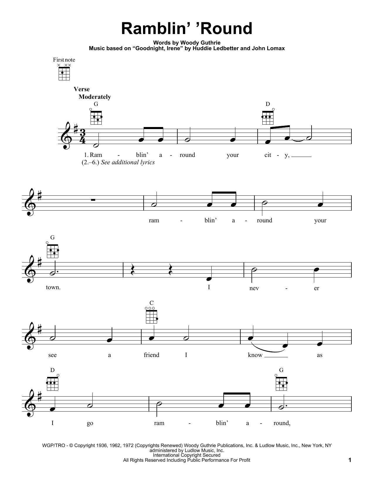 Learn to play Woody Guthrie Ramblin' 'Round sheet music for Ukulele in minutes. Price: 5.9900$ Woody Guthrie Ramblin' 'Round sheet music notes and chords arranged for Ukulele