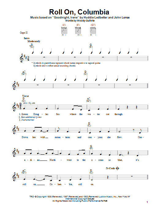 Woody Guthrie Roll On, Columbia sheet music notes and chords. Download Printable PDF.