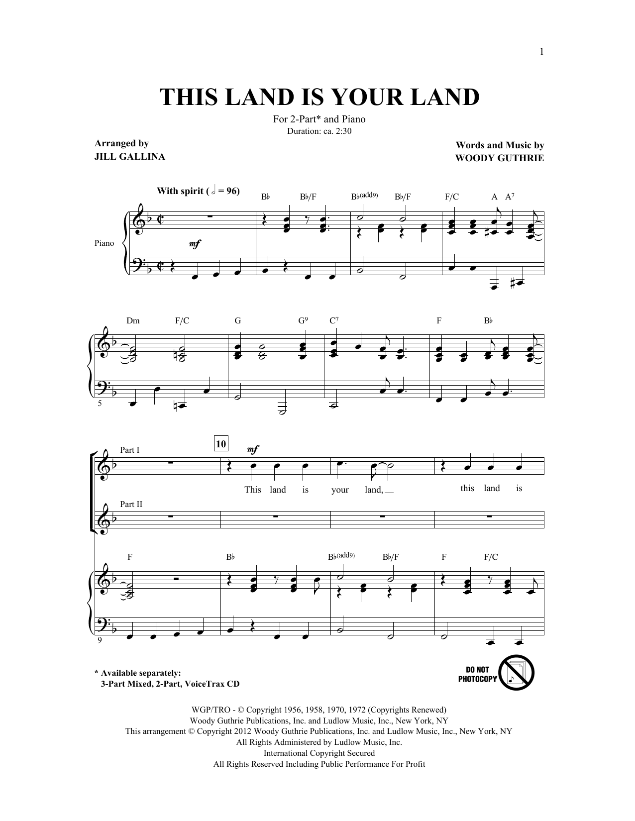 Woody Guthrie This Land Is Your Land (arr. Jill Gallina) sheet music notes and chords. Download Printable PDF.