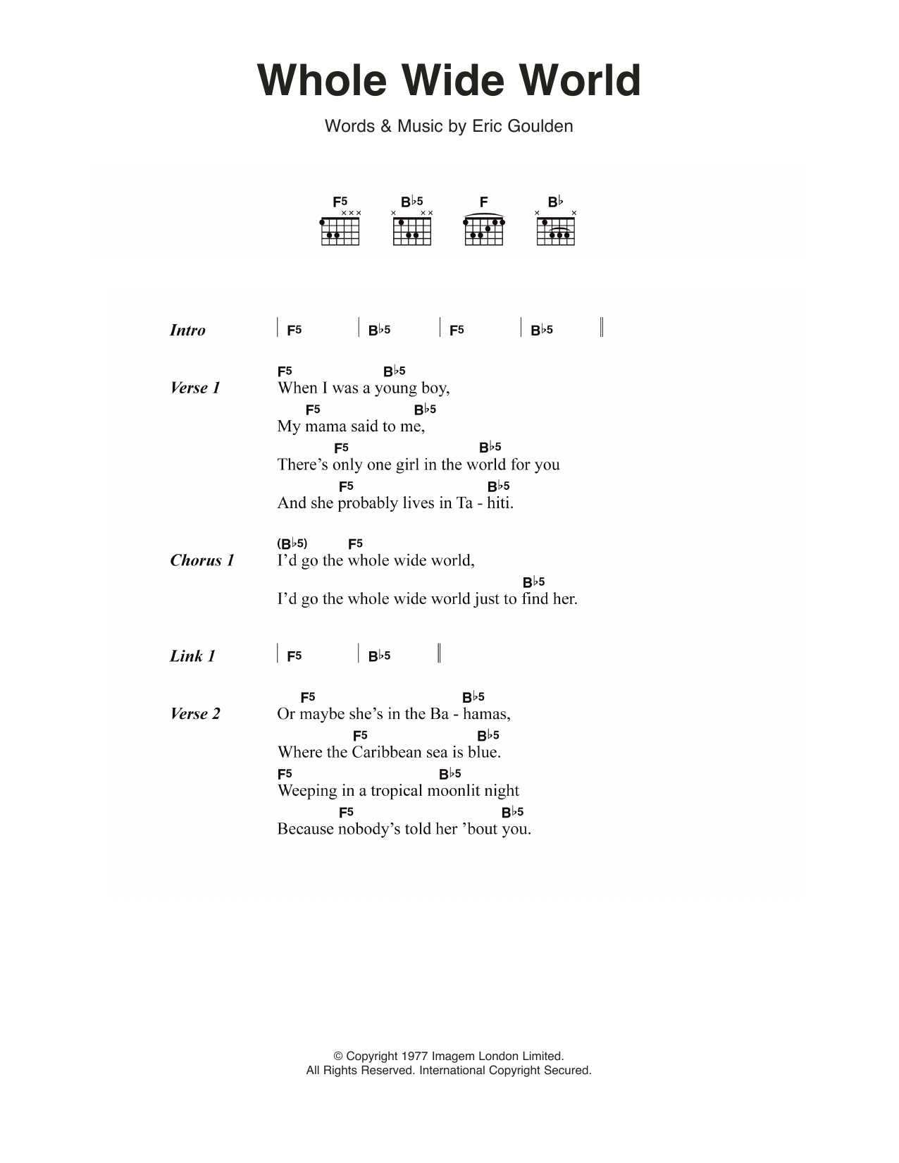 Wreckless Eric Whole Wide World sheet music notes and chords arranged for Guitar Chords/Lyrics