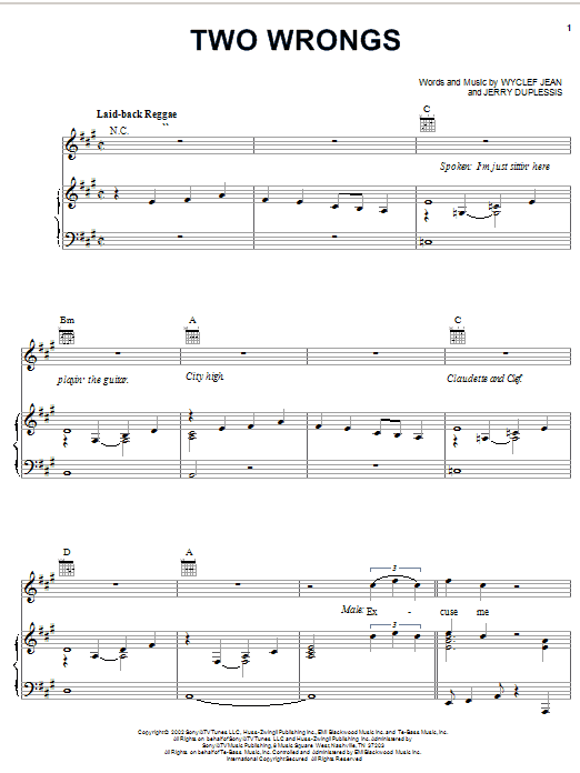 Learn to play Wyclef Jean Two Wrongs (feat. Claudette Ortiz) sheet music for Piano, Vocal & Guitar Chords (Right-Hand Melody) in minutes. Price: 7.8900$ Wyclef Jean Two Wrongs (feat. Claudette Ortiz) sheet music notes and chords arranged for Piano, Vocal & Guitar Chords (Right-Hand Melody)