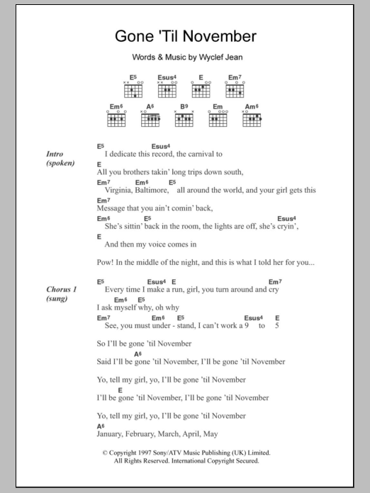 Wyclef Jean Gone 'Til November sheet music notes and chords. Download Printable PDF.