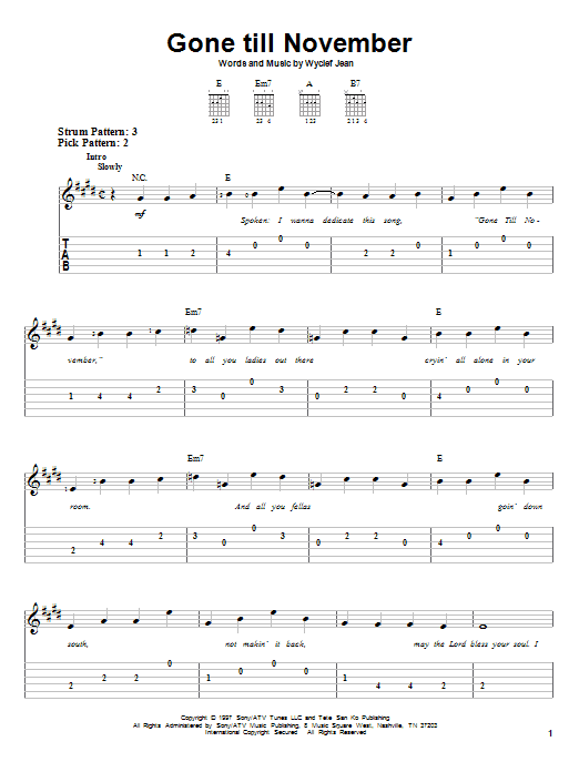 Wyclef Jean Gone Till November sheet music notes and chords. Download Printable PDF.