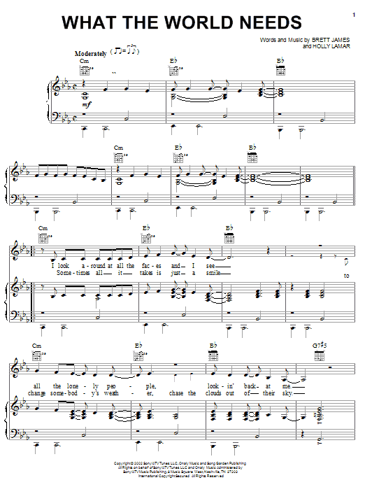 Learn to play Wynonna What The World Needs sheet music for Piano, Vocal & Guitar Chords (Right-Hand Melody) in minutes. Price: 7.8900$ Wynonna What The World Needs sheet music notes and chords arranged for Piano, Vocal & Guitar Chords (Right-Hand Melody)