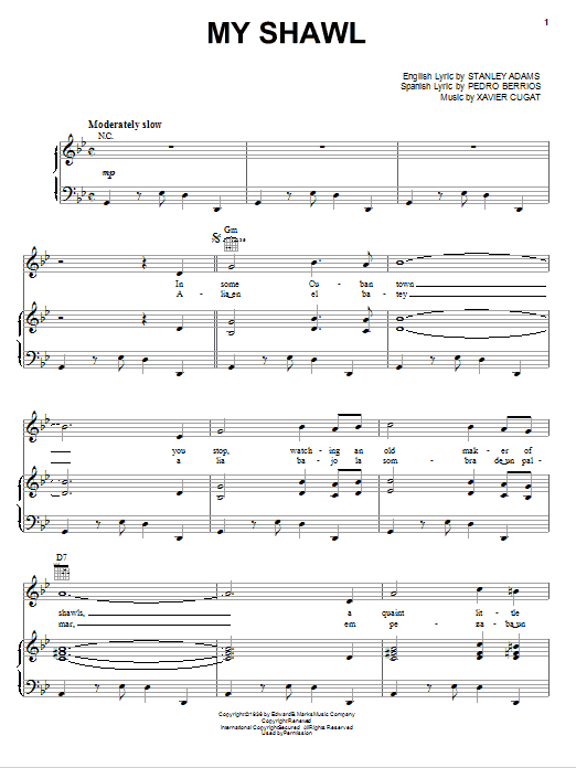 Learn to play Xavier Cugat My Shawl sheet music for Piano, Vocal & Guitar Chords (Right-Hand Melody) in minutes. Price: 7.8900$ Xavier Cugat My Shawl sheet music notes and chords arranged for Piano, Vocal & Guitar Chords (Right-Hand Melody)