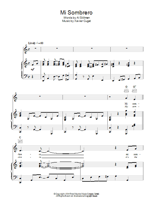 Learn to play Xavier Cugat My Sombrero sheet music for Piano, Vocal & Guitar Chords in minutes. Price: 7.8900$ Xavier Cugat My Sombrero sheet music notes and chords arranged for Piano, Vocal & Guitar Chords