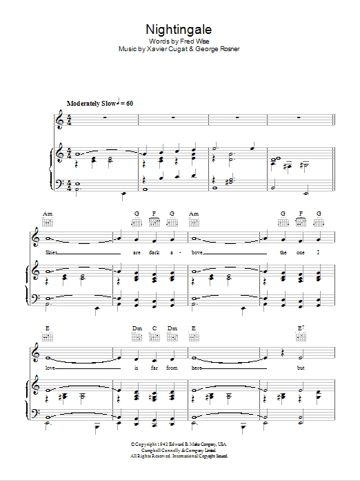 Learn to play Xavier Cugat Nightingale sheet music for Piano, Vocal & Guitar Chords in minutes. Price: 7.8900$ Xavier Cugat Nightingale sheet music notes and chords arranged for Piano, Vocal & Guitar Chords